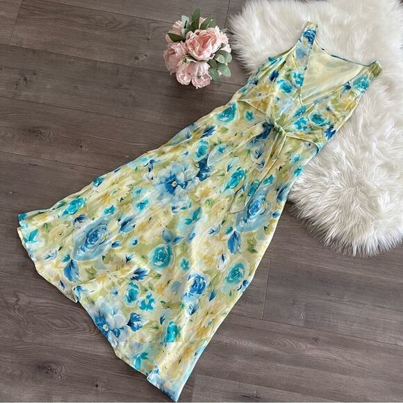 Vintage Ann Taylor Silk Light Green Floral Low Cut Tie Back Maxi Dress 6 - Picture 3 of 5
